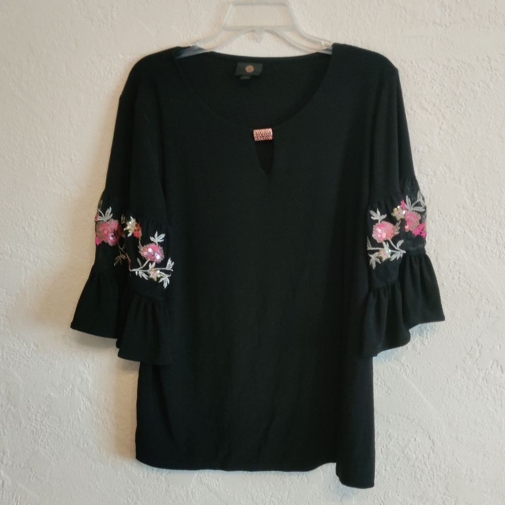 JM Collection Embroidered Sleeve Elegant Black Floral Embroidered Women's Top
